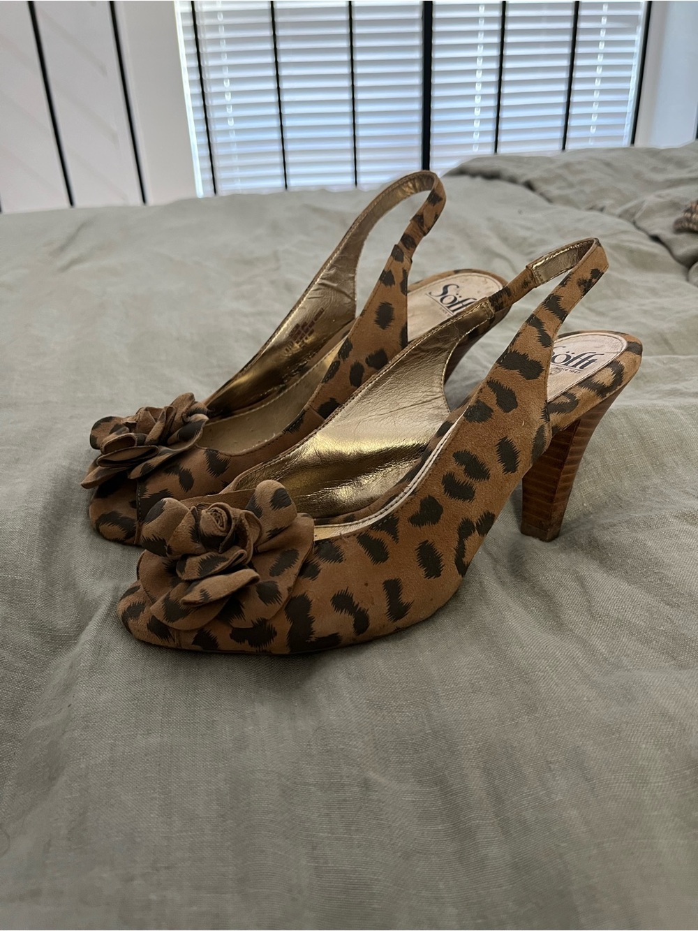Sofft Brown Leopard Print Slingback Kitten Heels with Flower Accent